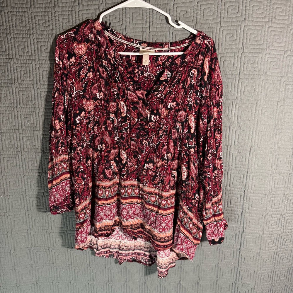 Knox Rose Blouse Women’s XL Red Paisley 100% Rayon V-Neck